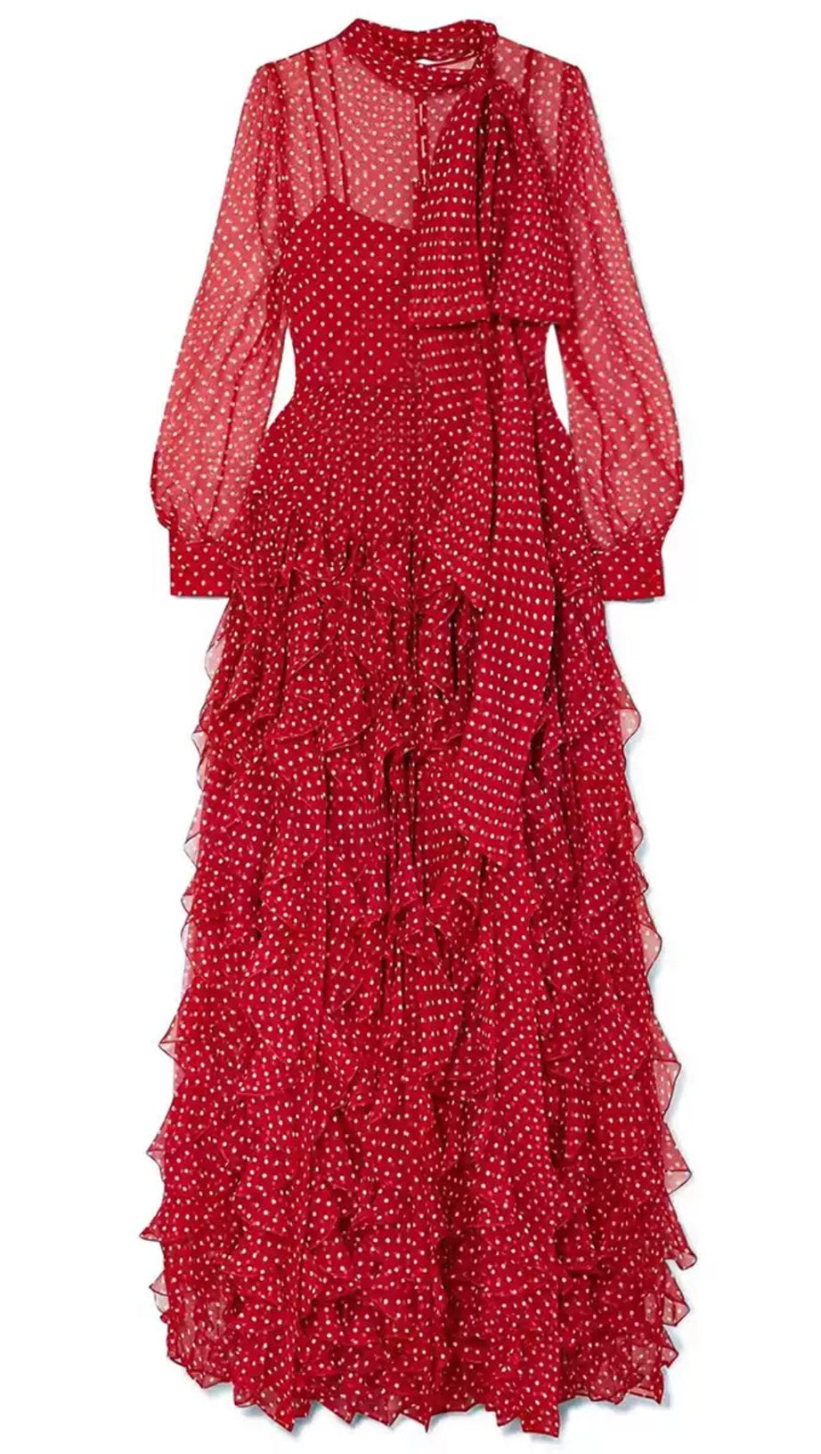 RED POLKA DOT TIERED MAXI DRESS WITH SHEER SLEEVES