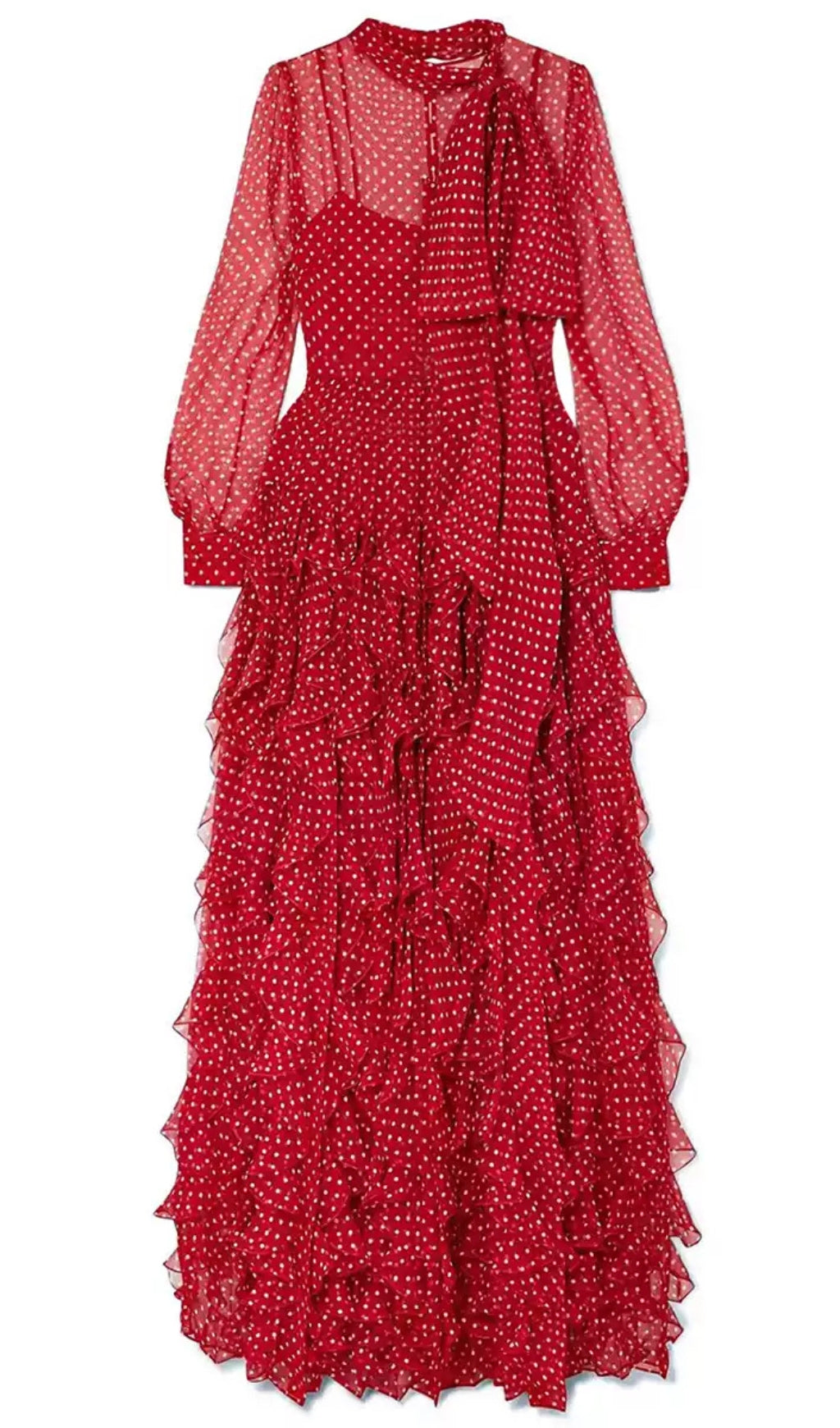 RED POLKA DOT TIERED MAXI DRESS WITH SHEER SLEEVES