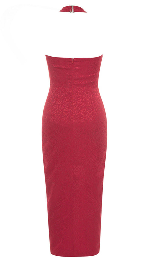 AIIZIE HALTER NECK LACE - UP BROCADE MIDI DRESS IN RED - product image