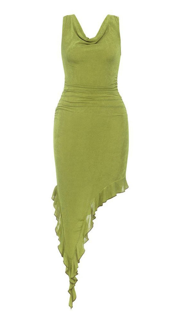 AIIZIE RUCHED ASYMMETRIC RUFFLE - HEM MIDI DRESS IN GREEN - product image