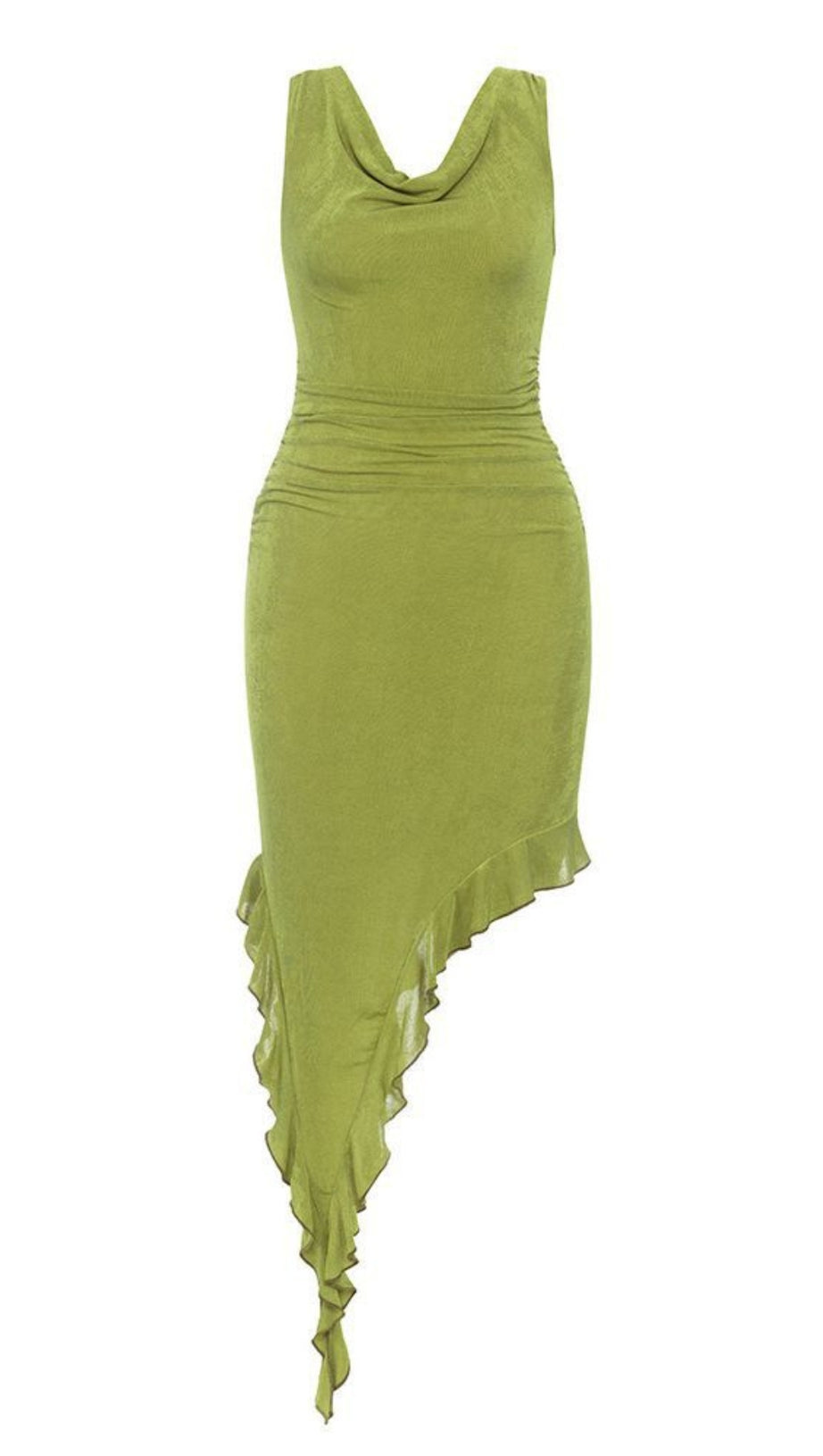 RUCHED ASYMMETRIC RUFFLE - HEM MIDI DRESS IN GREEN