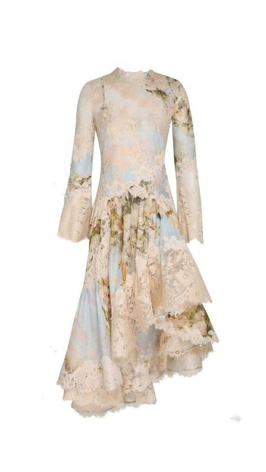 KRISTIN LONG SLEEVES FLORAL PRINTED ASYMMETRIC LACE MAXI DRESS