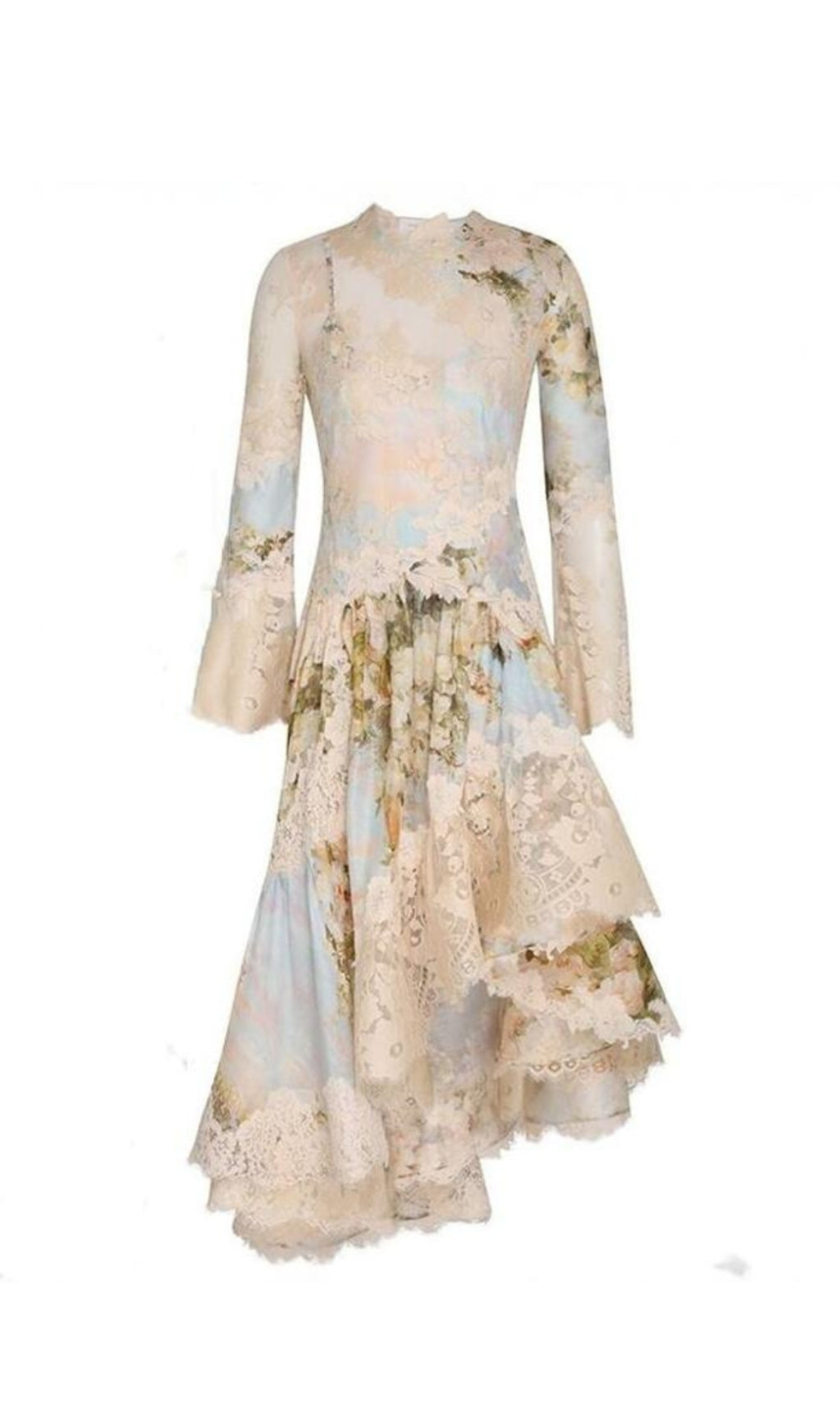 KRISTIN LONG SLEEVES FLORAL PRINTED ASYMMETRIC LACE MAXI DRESS