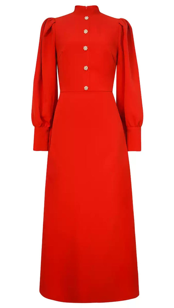 AIIZIE RED MOCK - NECK MIDI DRESS WITH PUFF SLEEVES AND BUTTON DETAIL - product image