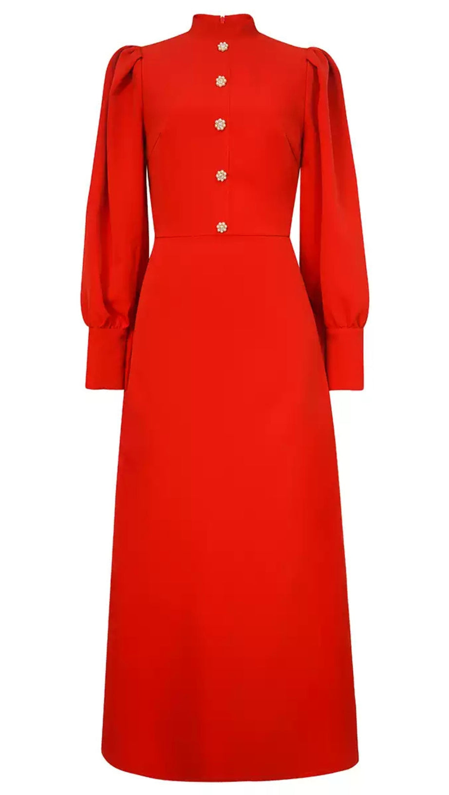 RED MOCK - NECK MIDI DRESS WITH PUFF SLEEVES AND BUTTON DETAIL