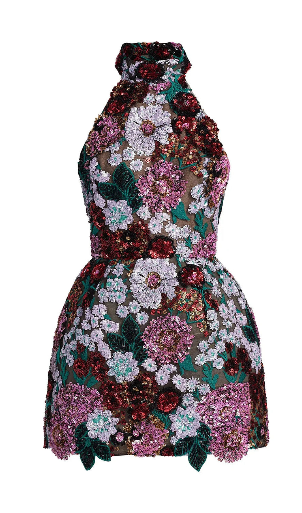 Violettes Minikleid mit freiem Rücken und Stickereien