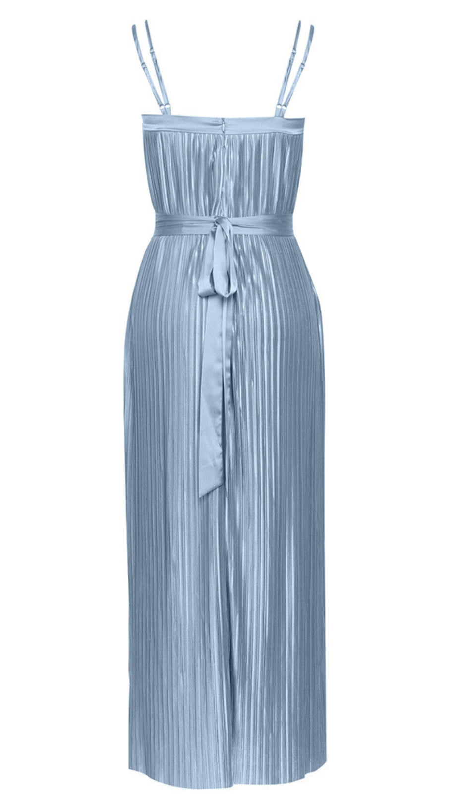 STRAPLESS PLEATED BELTED MAXI DRESS IN LIGHT BLUE