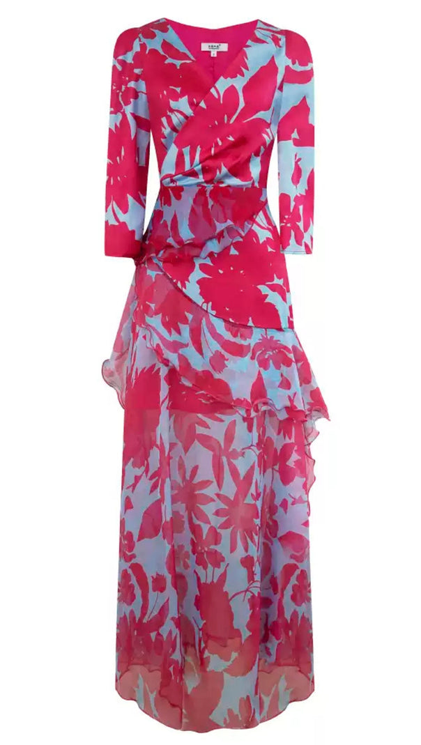 AIIZIE ELEGANT FLORAL WRAP DRESS WITH RUFFLED HEM AND SHEER DETAILS - product image