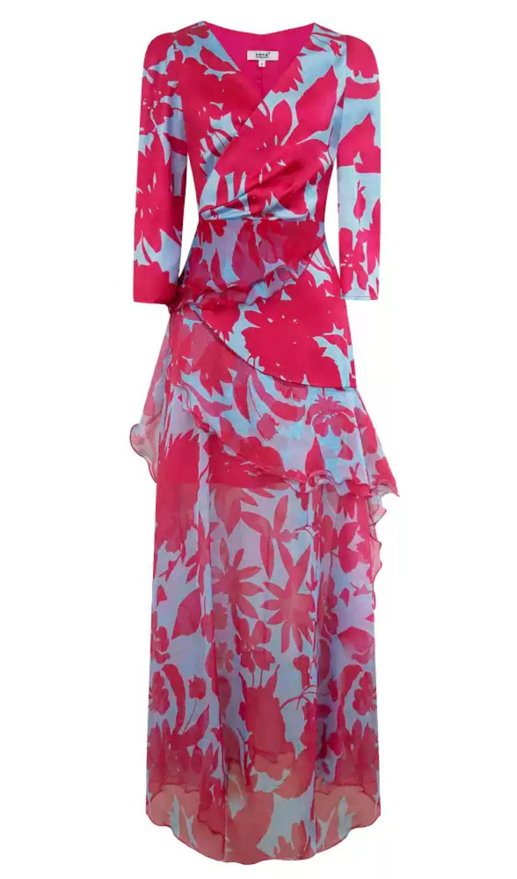 ELEGANT FLORAL WRAP DRESS WITH RUFFLED HEM AND SHEER DETAILS