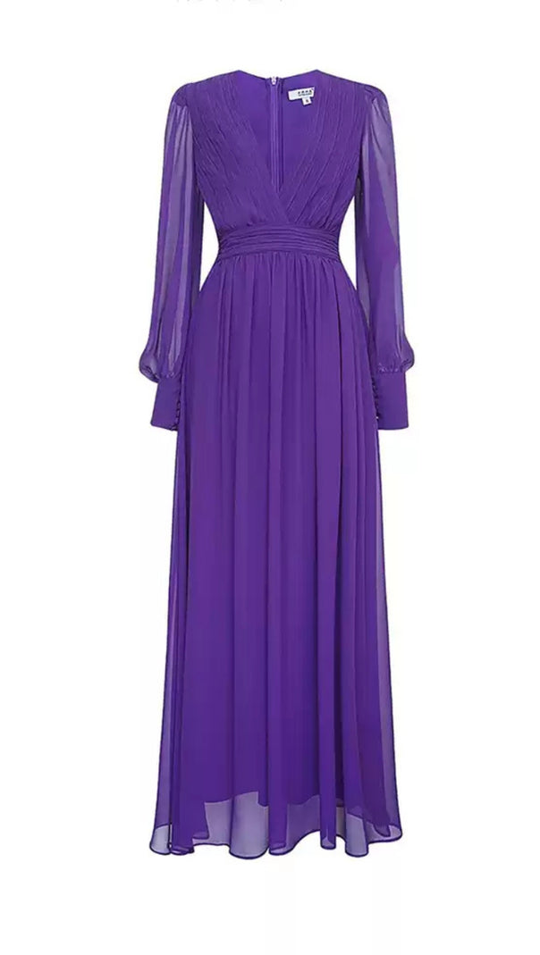 AIIZIE PURPLE CHIFFON LONG DRESS WITH SHEER SLEEVES AND WAIST PLEATS - product image