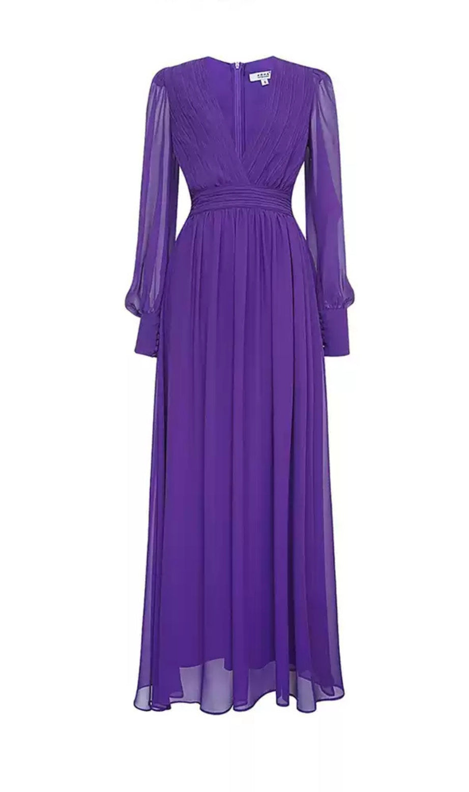 Purple Chiffon Long Dress with Sheer Sleeves and Waist Pleats