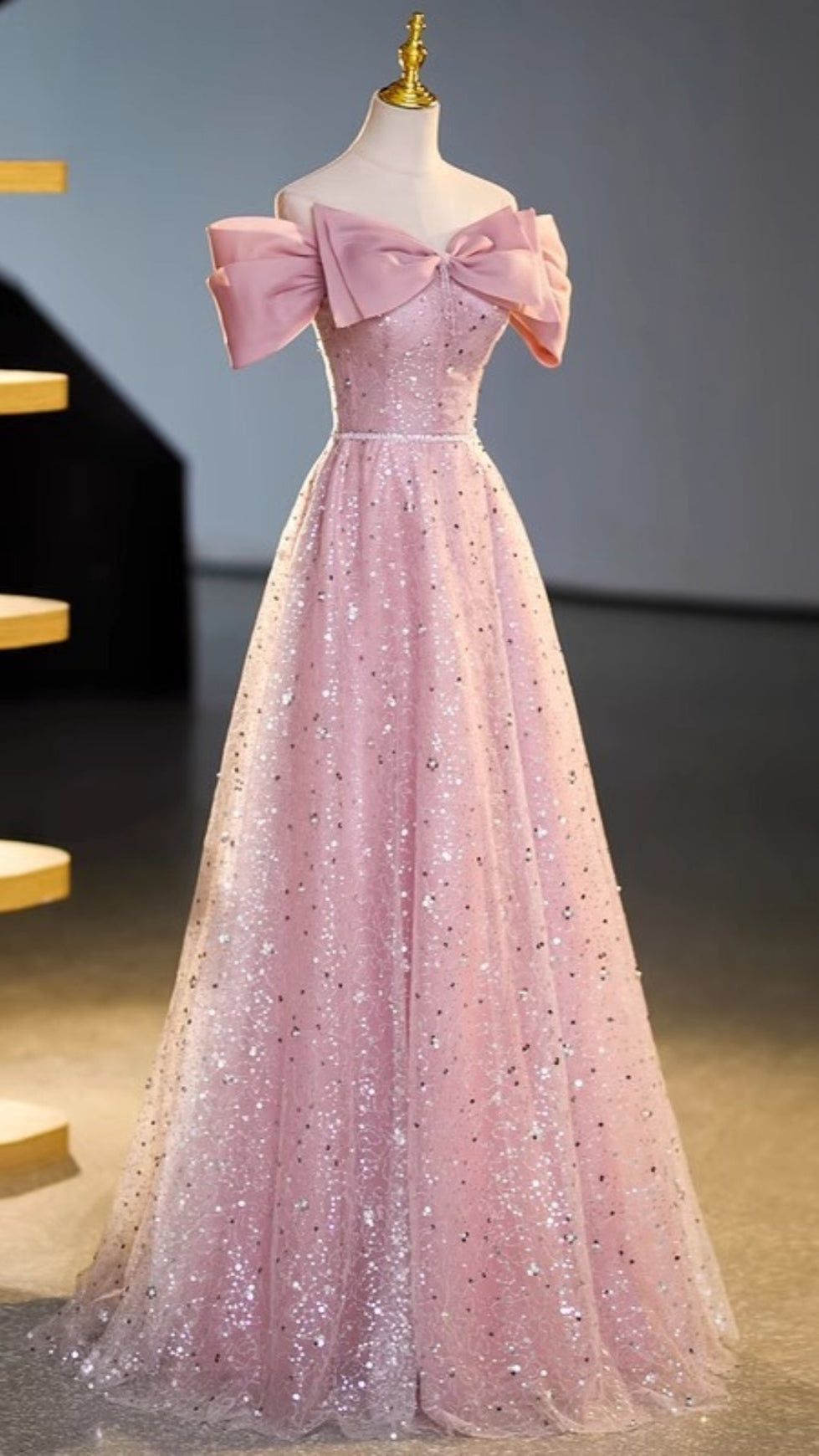 PINK SEQUIN OFF SHOULDER BOW PROM FORMAL MAXI DRESS