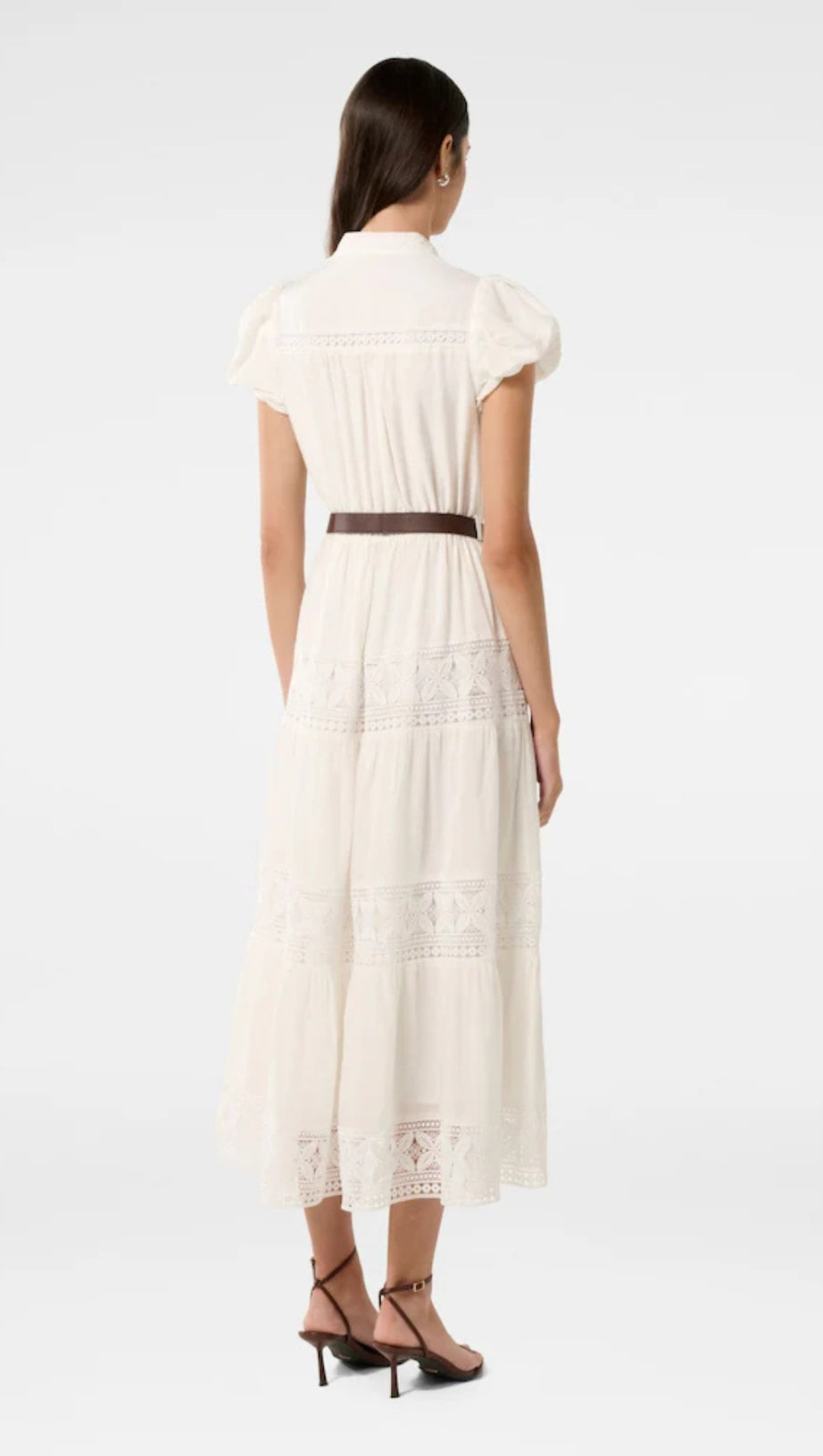 WHITE ADELAIDE LACE BELTED TRIM MIDI DRESS