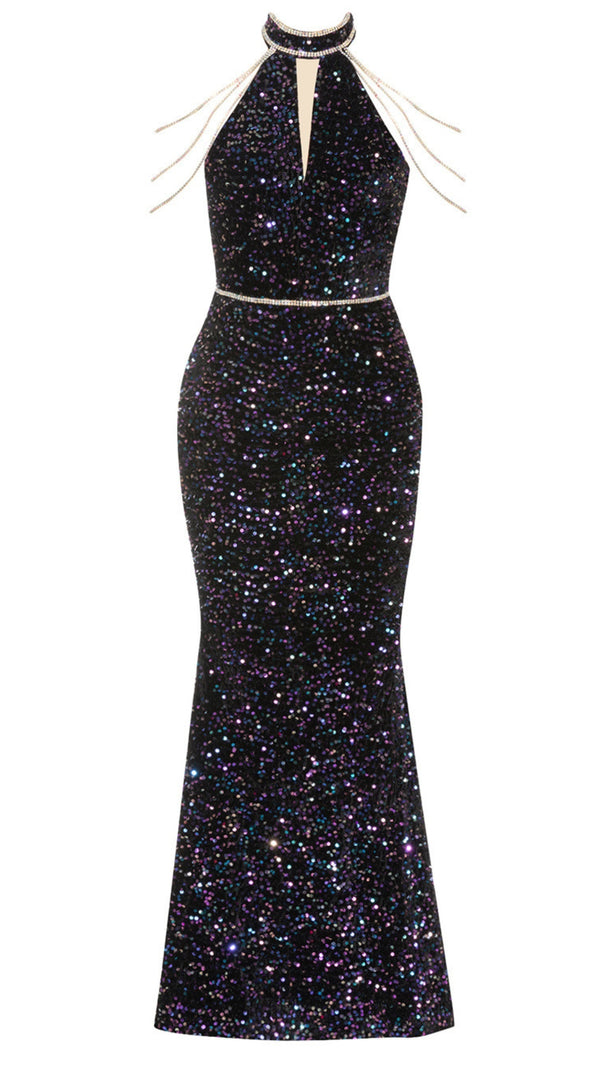 AIIZIE GLITTER HALTER NECK RHINESTONE - STRAP MERMAID GOWN IN BLACK - product image