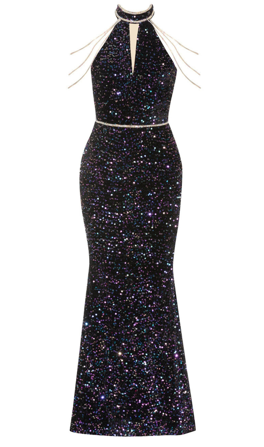 Glitter Halter Neck Rhinestone - Strap Mermaid Gown in Black