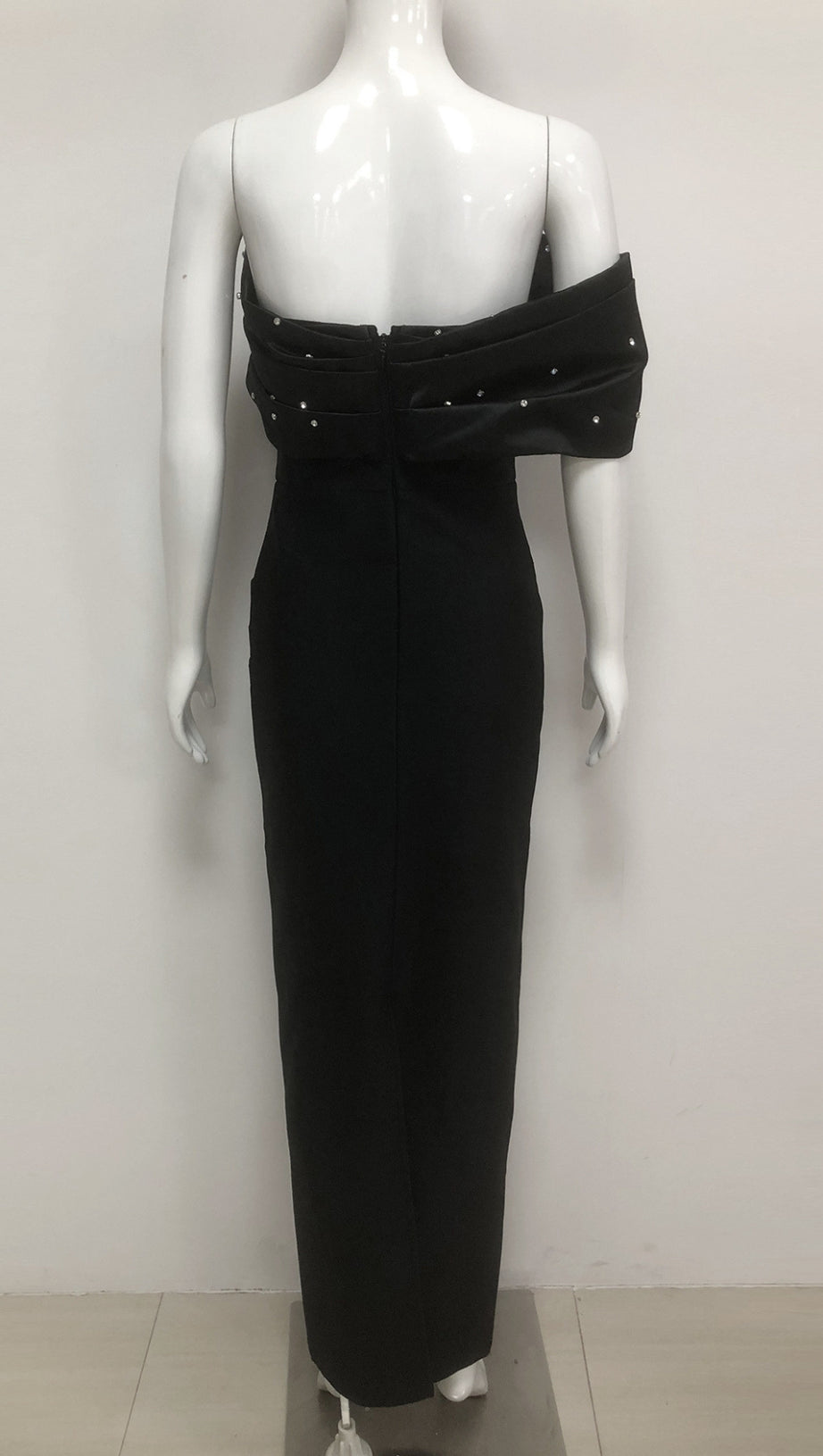 BLACK BEADED OFF SHOULDER RUCHED BODYCON MAXI DRESS