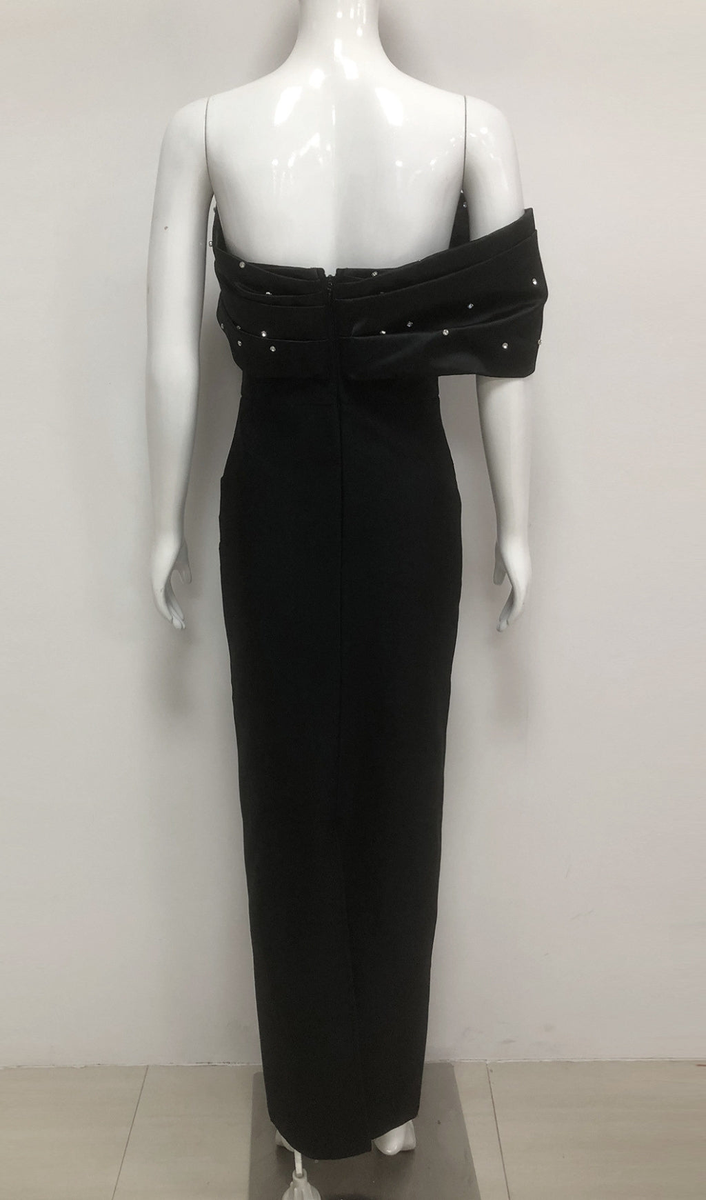 AIIZIE BLACK BEADED OFF SHOULDER RUCHED BODYCON MAXI DRESS - product image