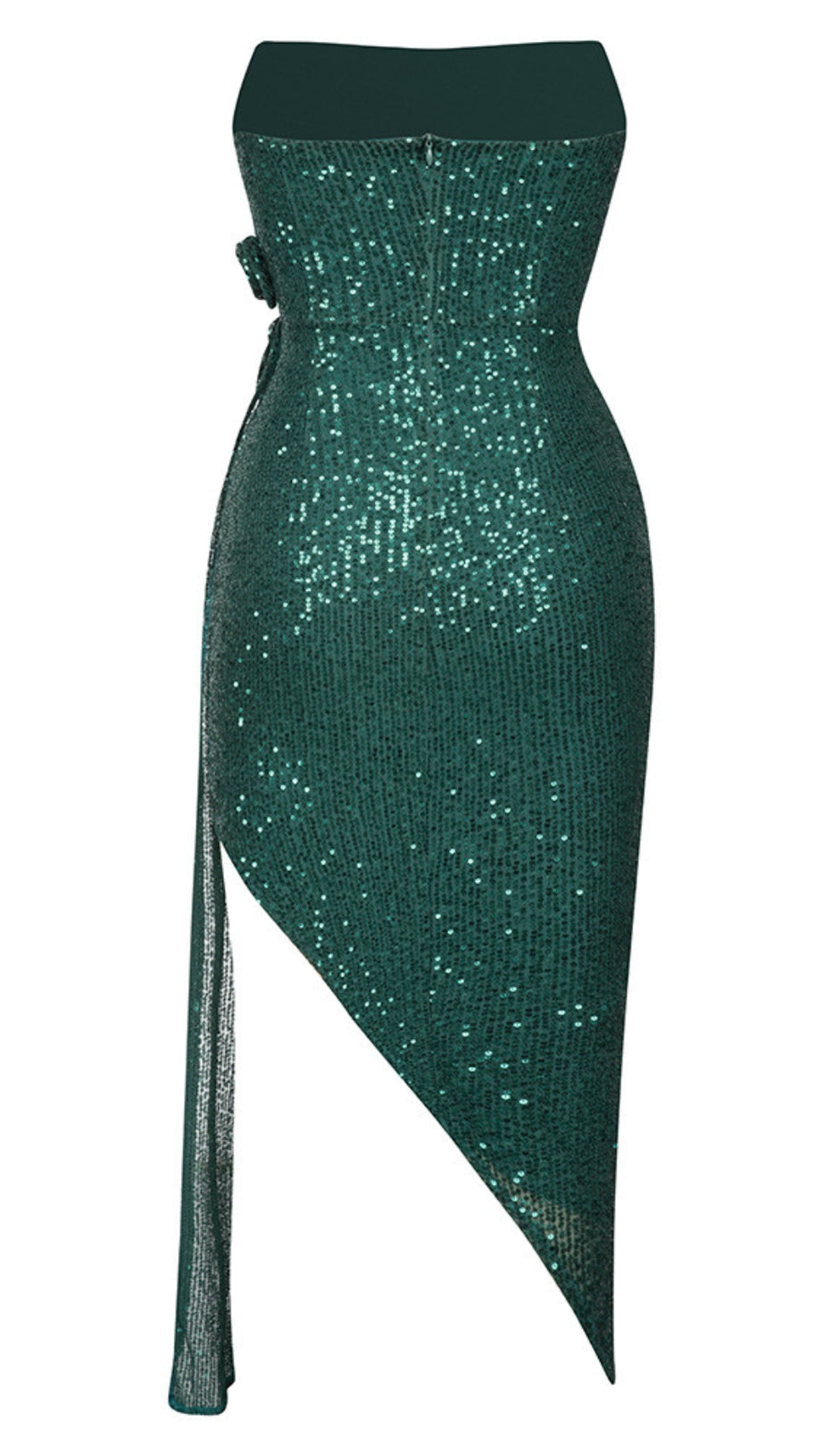 SEQUIN FLOWER - EMBELLISHED ASYMMETRIC DRESS IN EMERALD GREEN
