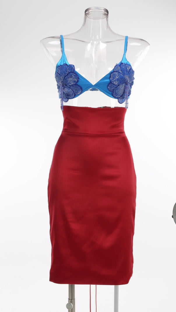 AIIZIE BLUE LACE BRALETTE AND RED SATIN PENCIL SKIRT SET - product image