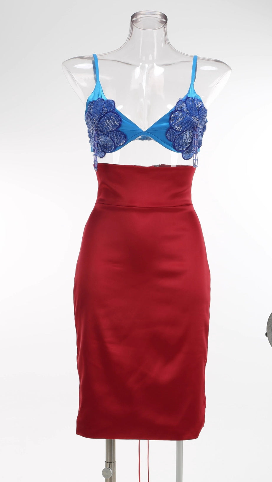 BLUE LACE BRALETTE AND RED SATIN PENCIL SKIRT SET