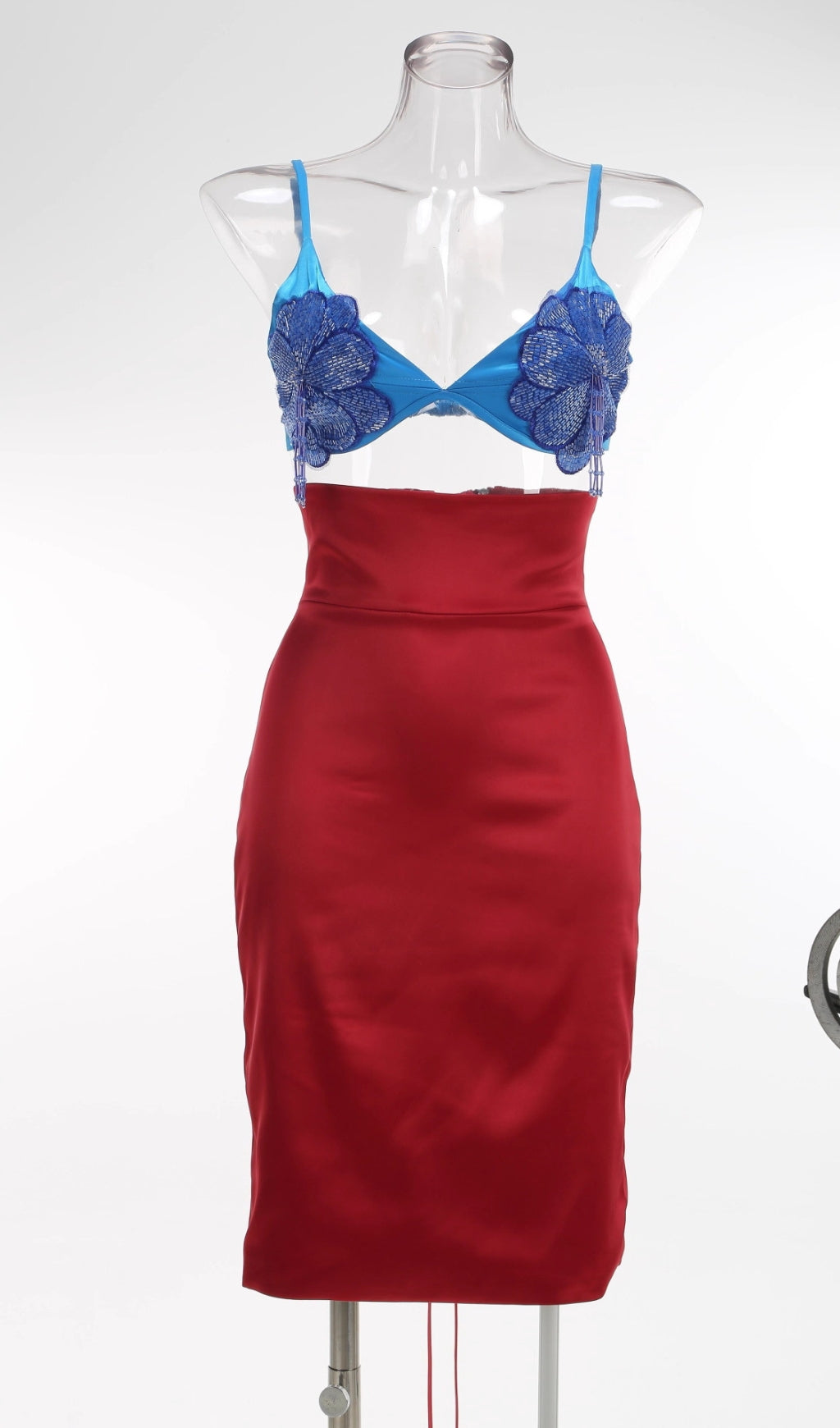 AIIZIE BLUE LACE BRALETTE AND RED SATIN PENCIL SKIRT SET - product image