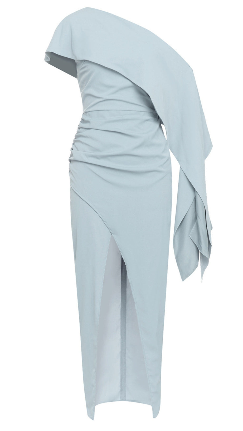 Asymmetrisches, gerüschtes Midi-Wickelkleid mit One-Shoulder-Träger in Hellblau