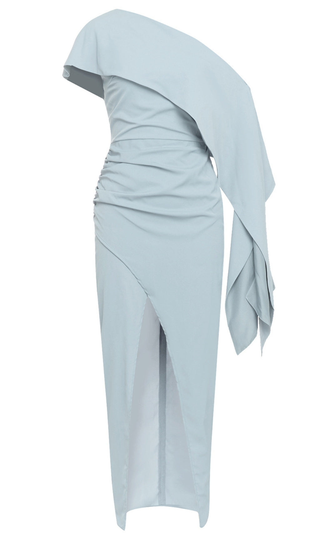 Asymmetrisches, gerüschtes Midi-Wickelkleid mit One-Shoulder-Träger in Hellblau