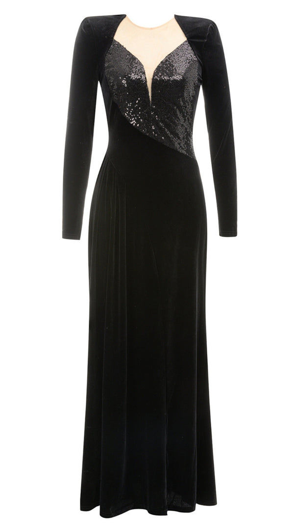 AIIZIE VELVET SEQUIN - INSET LONG - SLEEVE MAXI DRESS IN BLACK - product image