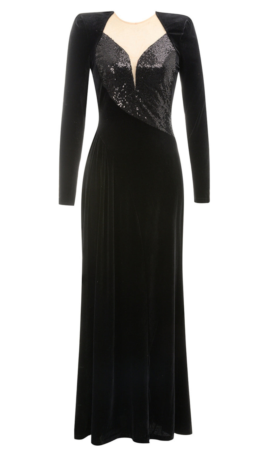 Langärmliges Maxikleid mit Pailletteneinsatz aus Samt in Schwarz