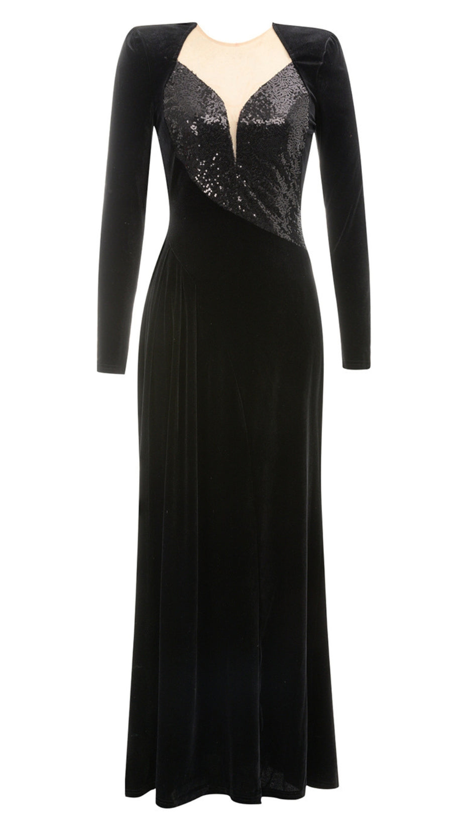 VELVET SEQUIN - INSET LONG - SLEEVE MAXI DRESS IN BLACK