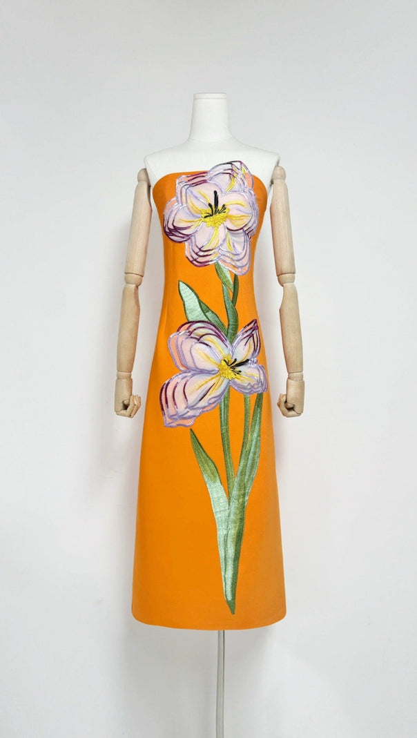 AIIZIE SUZANNE APPLIQUÉ FLORAL BUSTIER MAXI DRESS IN ORANGE - product image