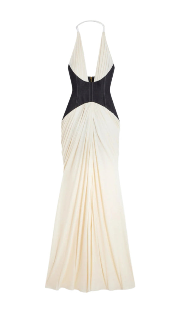 AIIZIE DARYLE HALTER DENIM CORSET RUCHED MAXI DRESS - product image