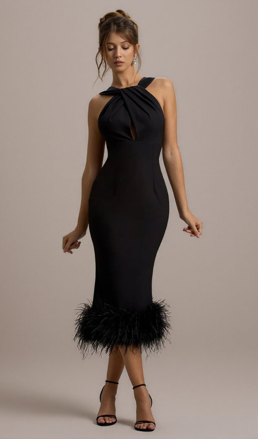AIIZIE JENNY BLACK TWIST-NECK FEATHER HEM MIDI DRESS - product image