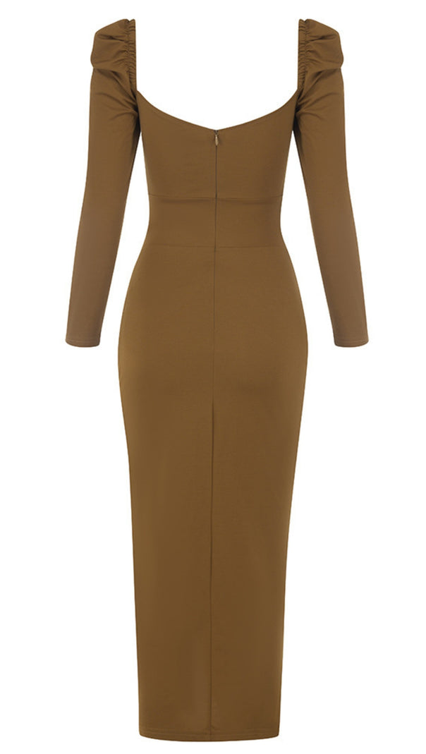 AIIZIE SQUARE - NECK PUFF - SLEEVE RUCHED SLIT MIDI DRESS IN BROWN - product image