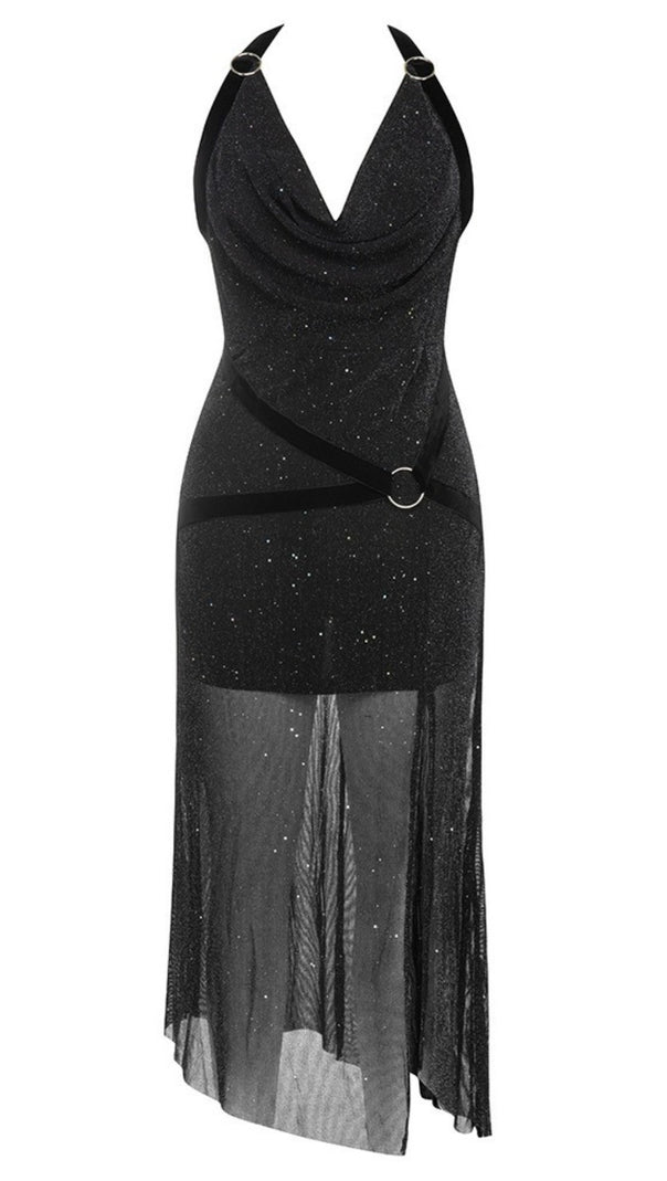 AIIZIE HALTER NECK GLITTER MESH - HEM MIDI DRESS IN BLACK - product image