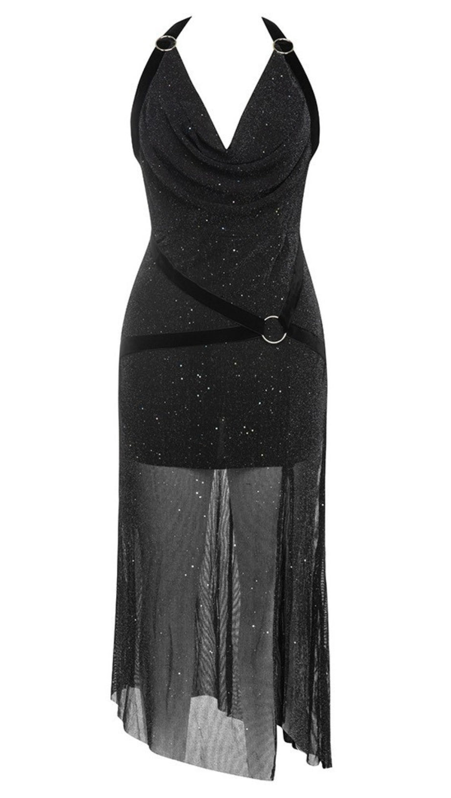 HALTER NECK GLITTER MESH - HEM MIDI DRESS IN BLACK