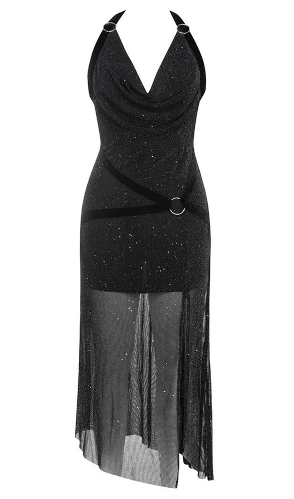 HALTER NECK GLITTER MESH - HEM MIDI DRESS IN BLACK