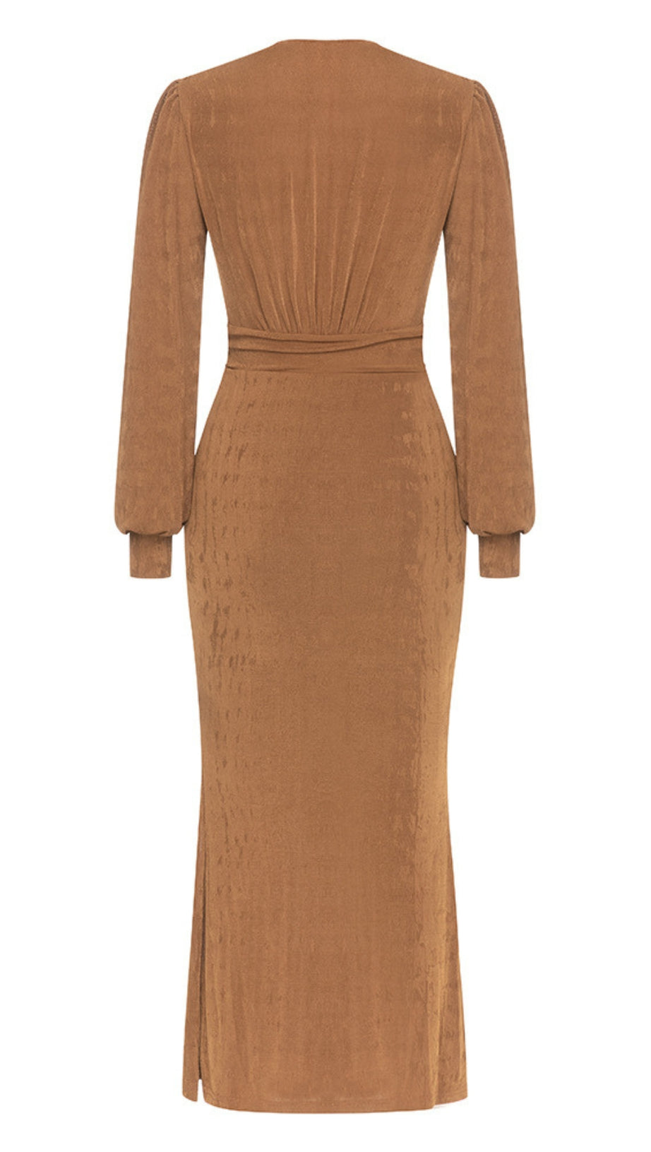 DEEP V - NECK PUFF - SLEEVE SLIT MIDI DRESS IN BROWN