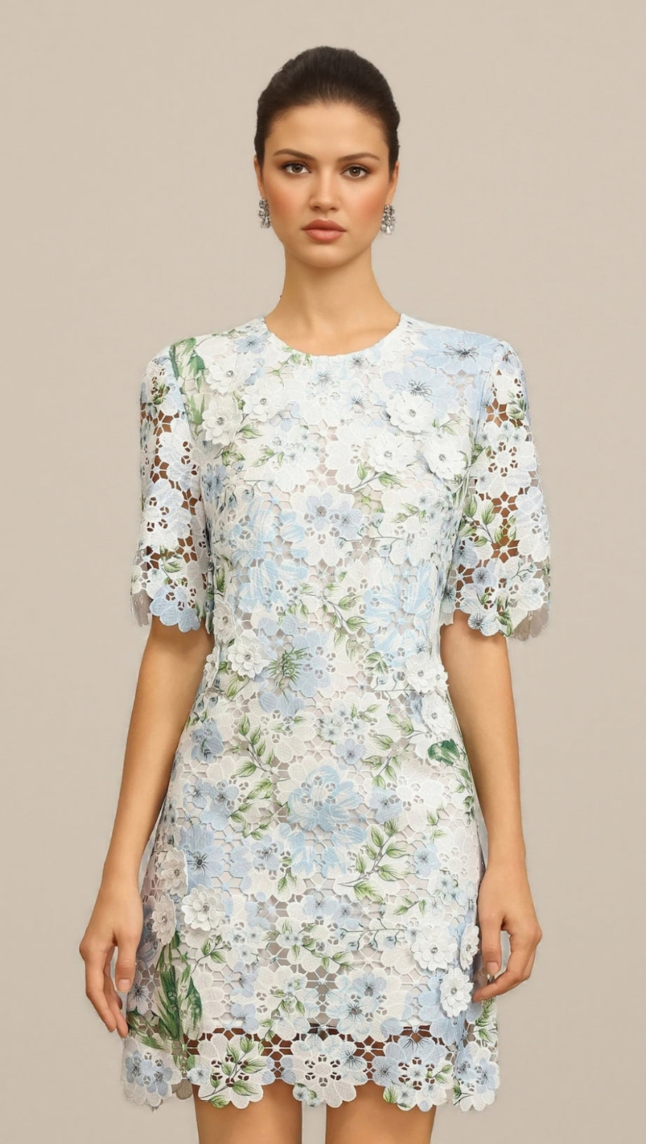 HAZEL FLORAL PRINTED LACE MINI DRESS IN SKY BLUE