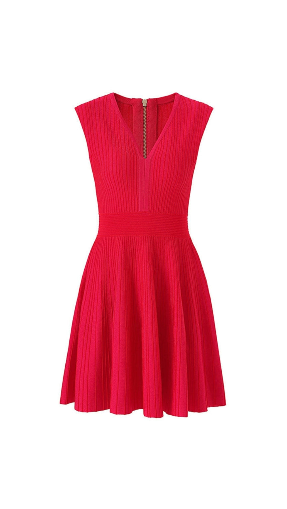V-NECK SLEEVELESS FLARED KNIT MINI DRESS IN RED