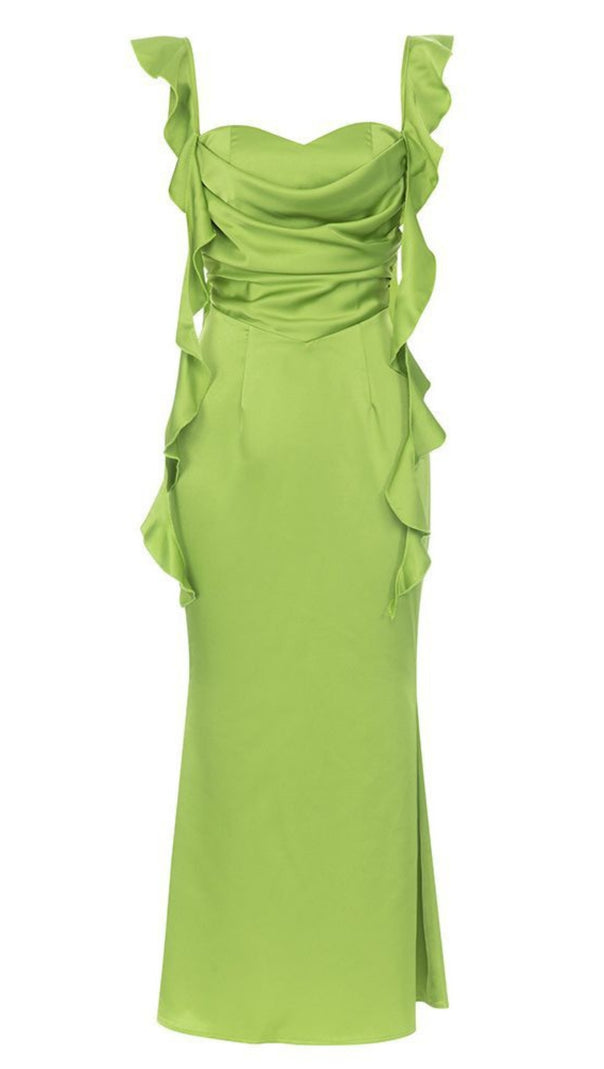 AIIZIE RUFFLED STRAP RUCHED MIDI DRESS IN GREEN - product image