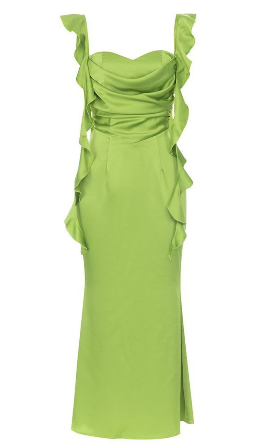 Gerüschtes Midikleid mit Rüschenträgern in Grün