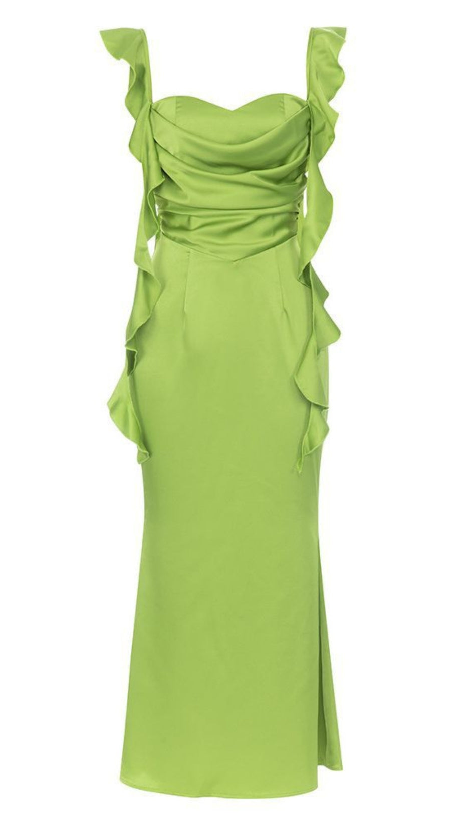RUFFLED STRAP RUCHED MIDI DRESS IN GREEN