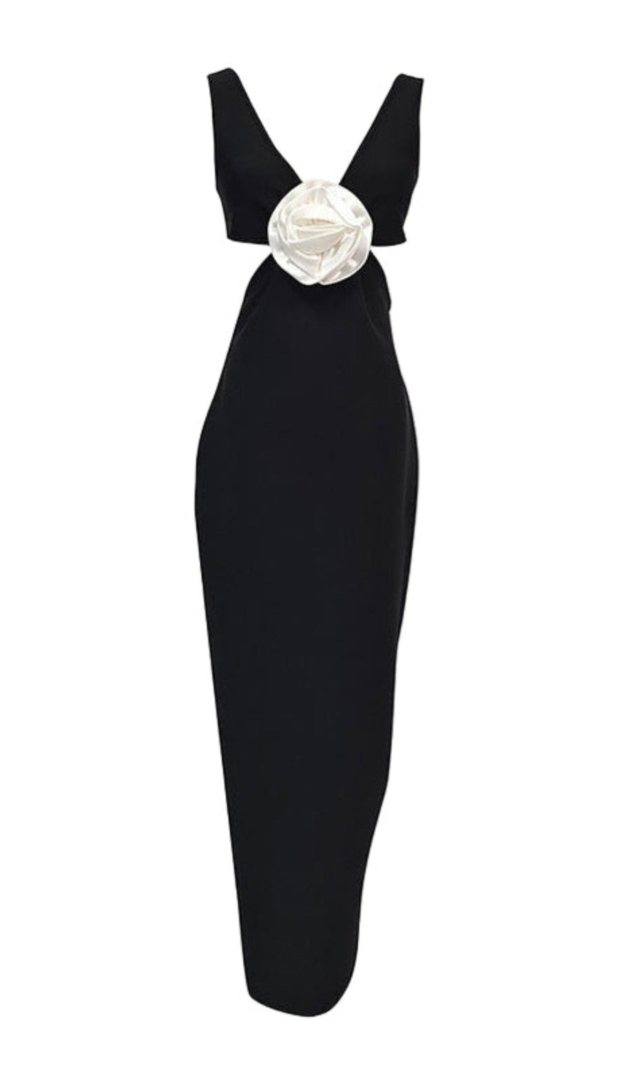 flower V-neck Hollow Out maxi Dress in black