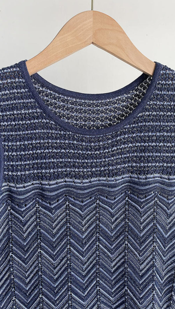 AIIZIE HOLLOW STRIPED SLEEVELESS KNIT MIDI DRESS IN ROYAL BLUE - product image