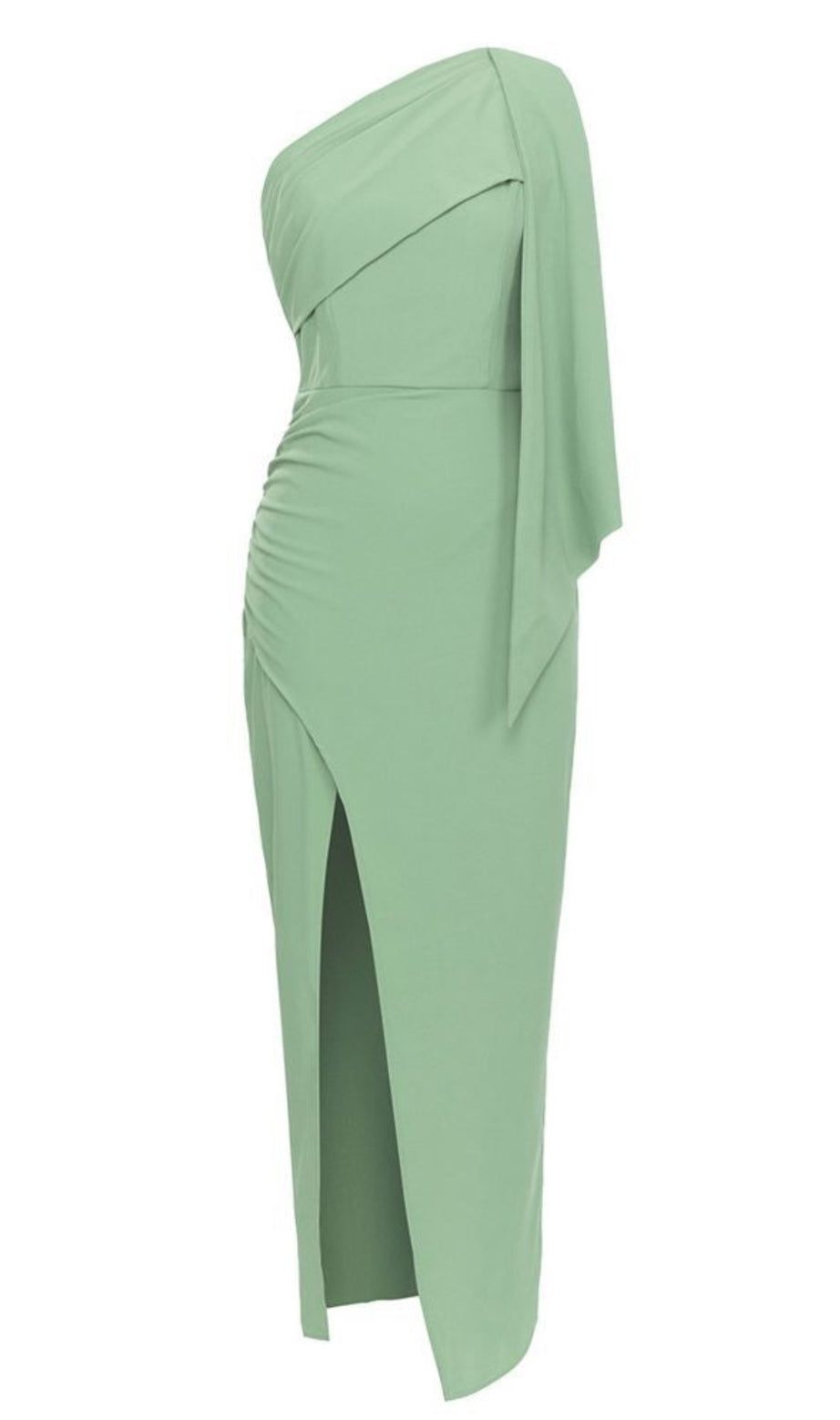 One - Shoulder Ruched Slit Midi Dress in Green