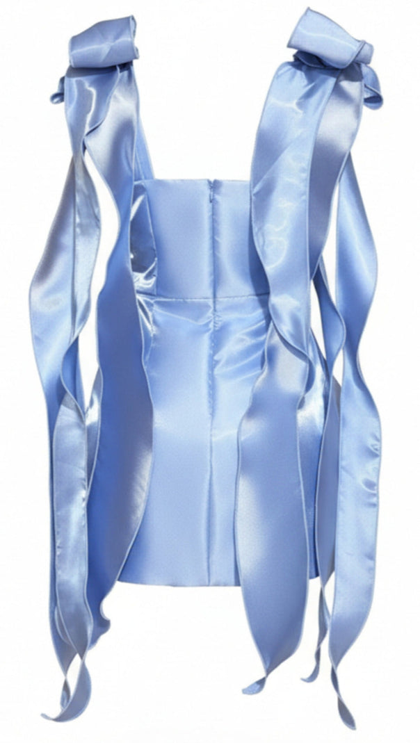 AIIZIE ROYAL BLUE SATIN MINI DRESS WITH BOW SHOULDER STRAPS - product image