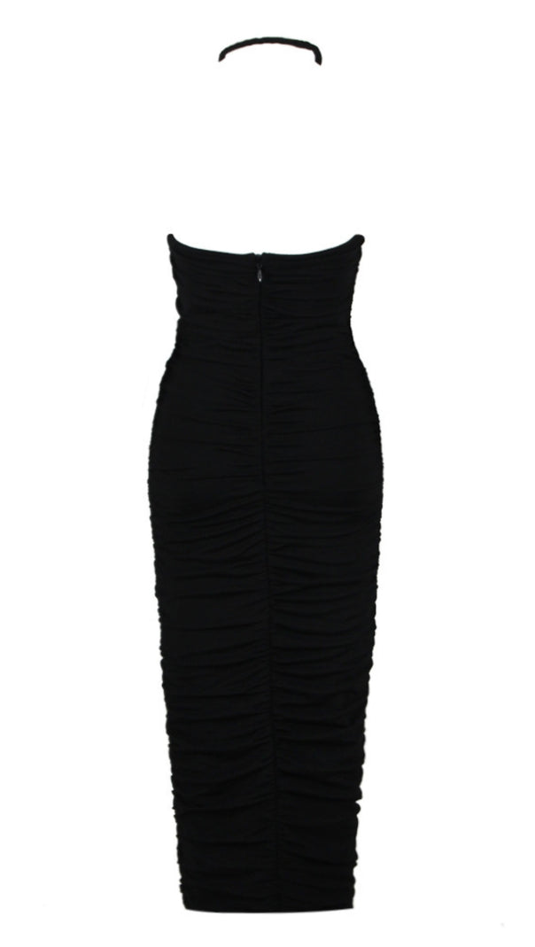 AIIZIE HALTER - NECK CUTOUT RUCHED MIDI DRESS WITH PINK ROSE IN BLACK - product image