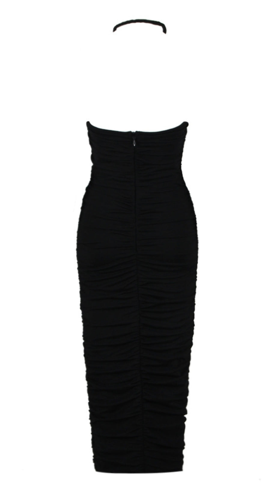 HALTER - NECK CUTOUT RUCHED MIDI DRESS WITH PINK ROSE IN BLACK