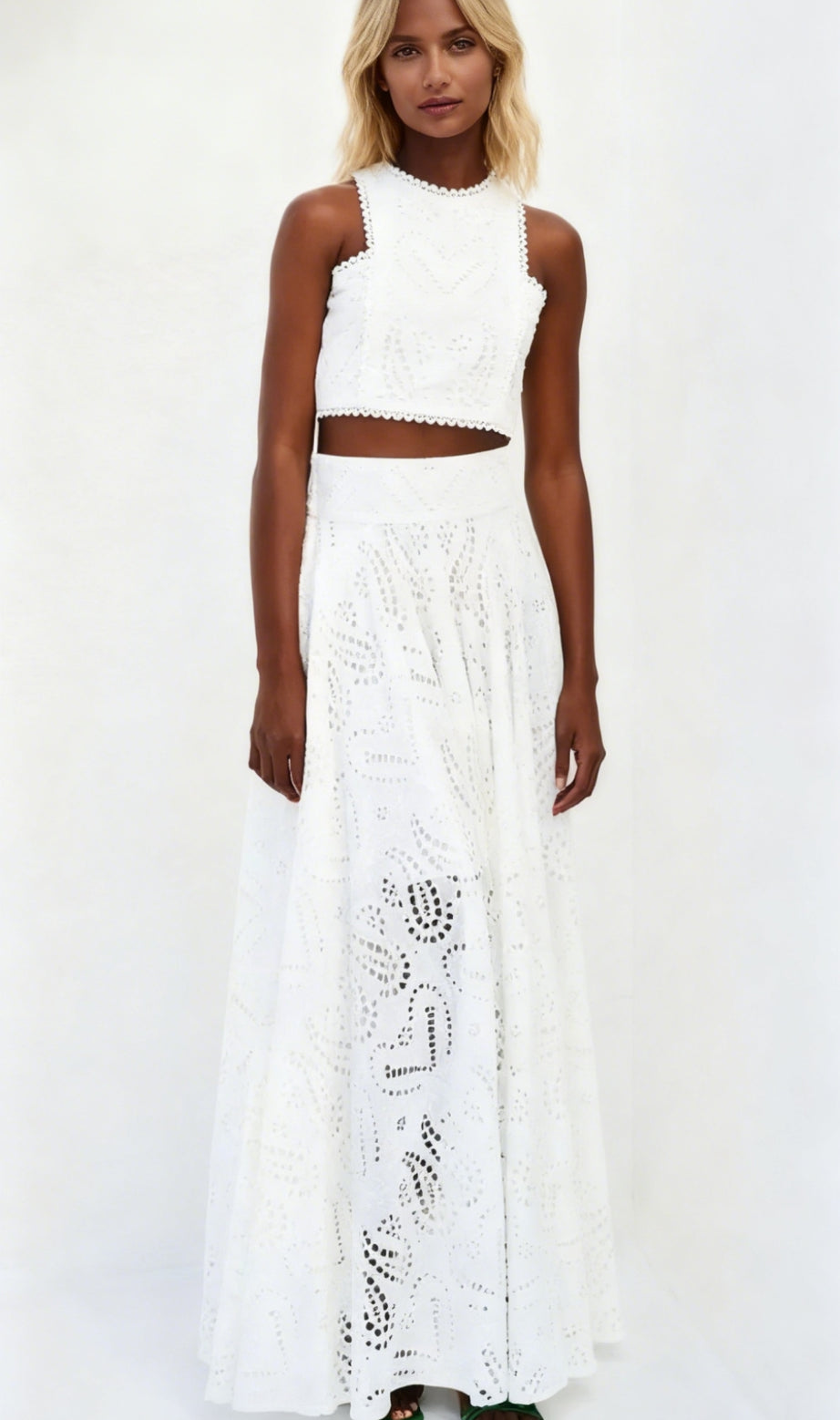 Eyelet Lace Top and Maxi Skirt Set In White